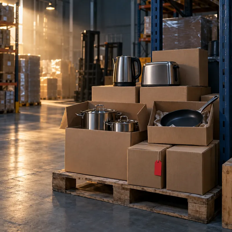 Symbolbild: Töpfe, Pfannen, Wasserkocher und Toaster in Kartons auf einer Palette