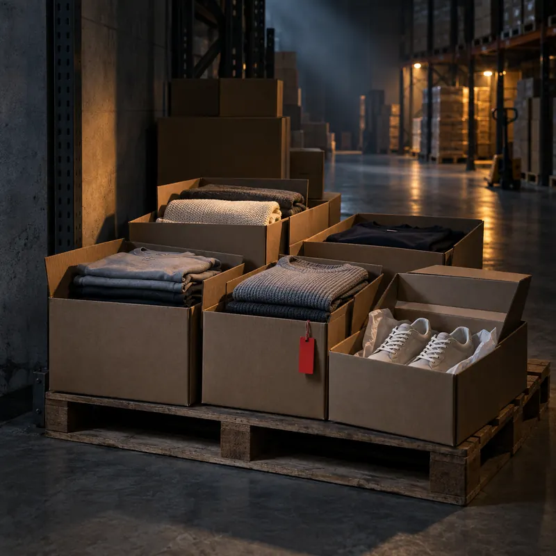 Symbolbild: Gefaltete Kleidung und Schuhkartons in offenen Kartons auf einer Palette