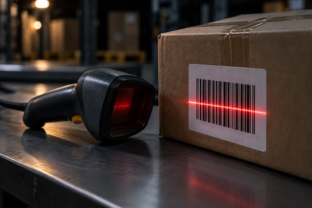 Symbolbild: Roter Scannerstrahl über dem Barcode eines Pakets