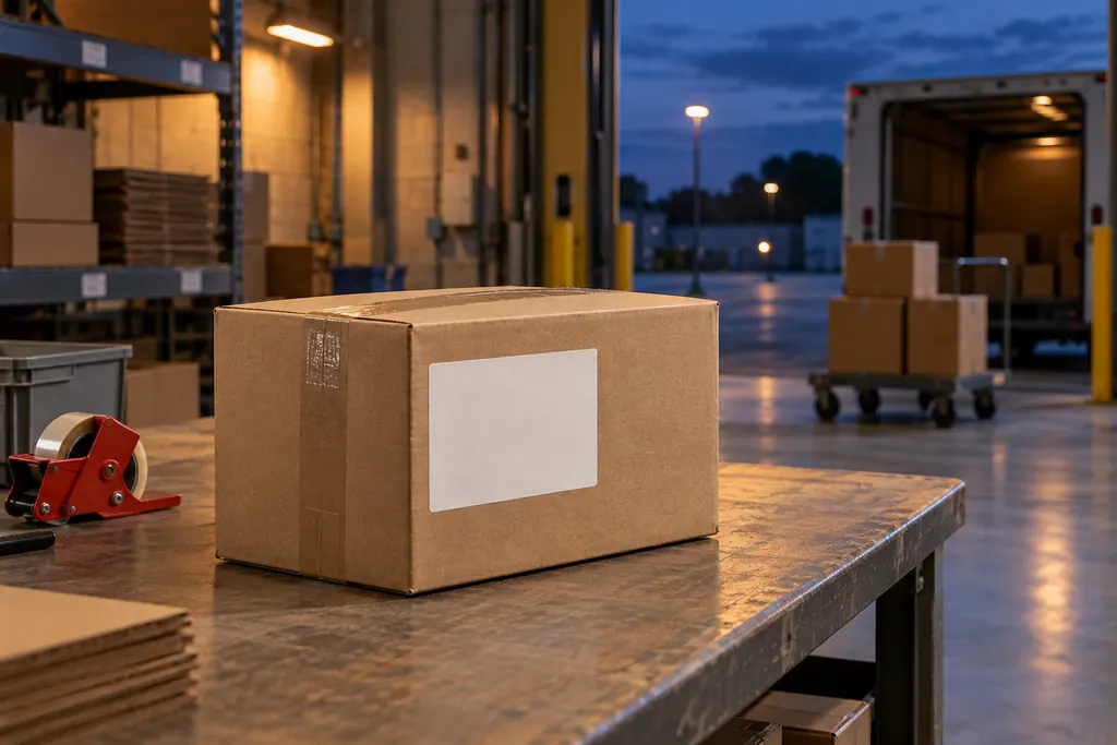 Symbolbild: Verschlossenes Paket auf einem Packtisch vor einem offenen Tor
