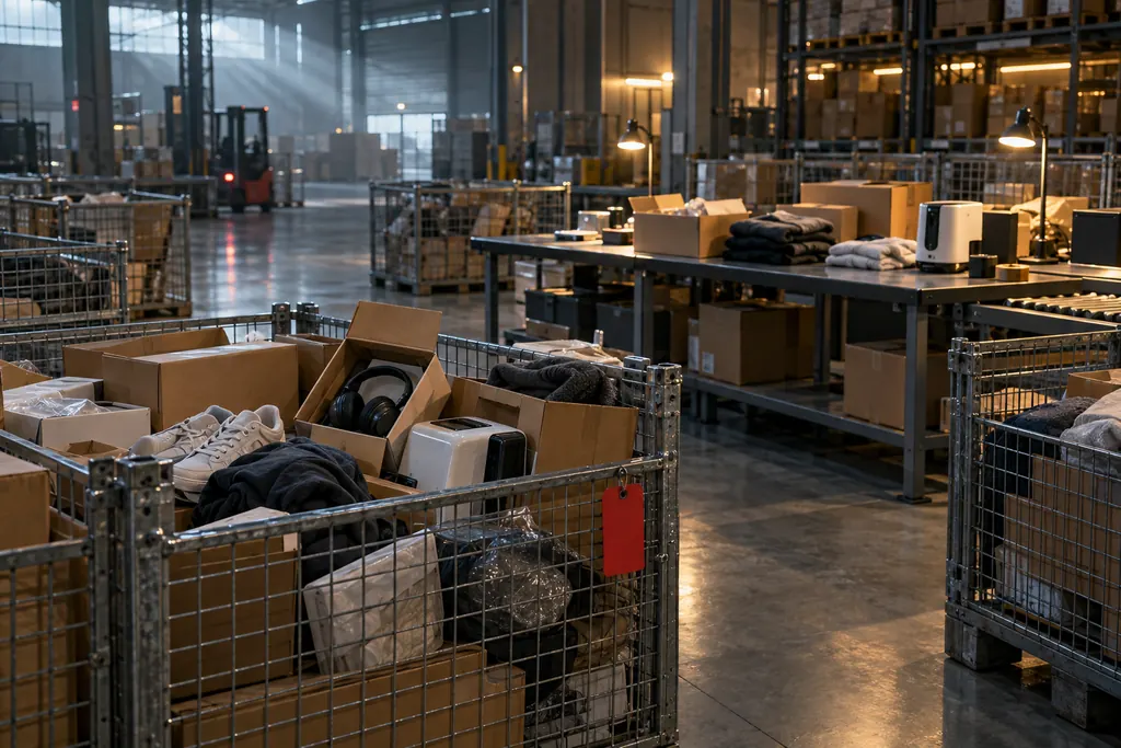 Symbolbild: Gitterboxen mit zurückgesendeten Paketen und geöffneten Kartons an einem Sortiertisch